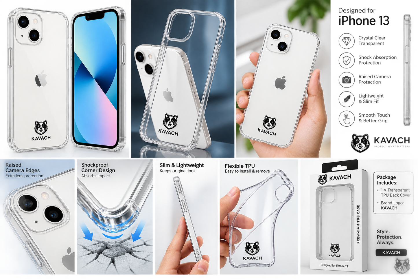 Kavach Crystal Clear Transparent TPU Back Cover for iPhone 13 – Slim Fit, Shockproof & Camera Protection