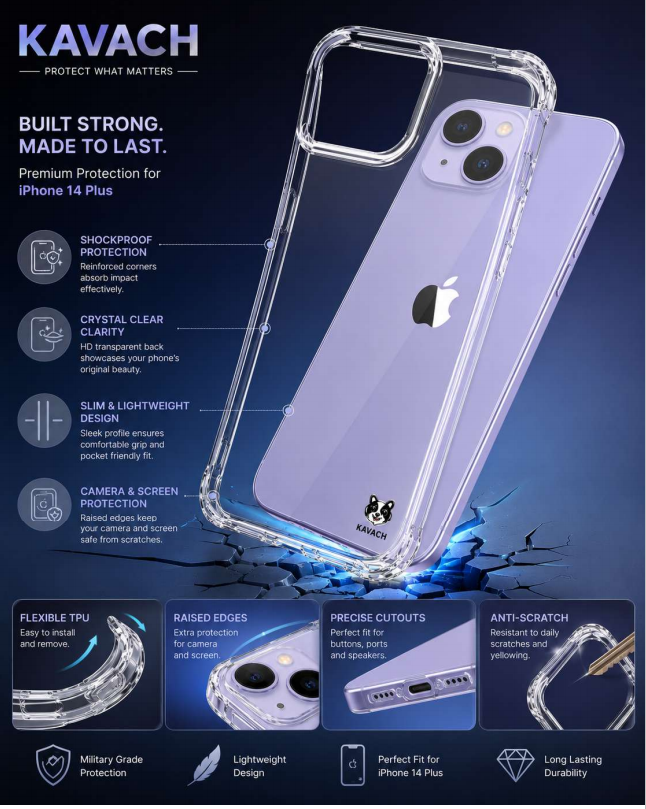 Kavach Crystal Clear Transparent TPU Back Cover for iPhone 14 Plus – Slim Fit & Shockproof Protection