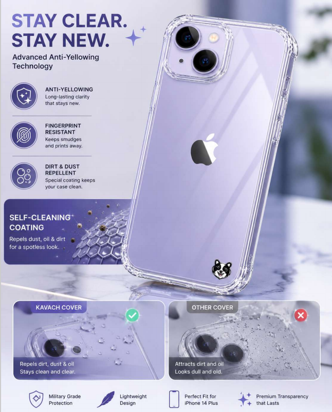 Kavach Crystal Clear Transparent TPU Back Cover for iPhone 14 Plus – Slim Fit & Shockproof Protection