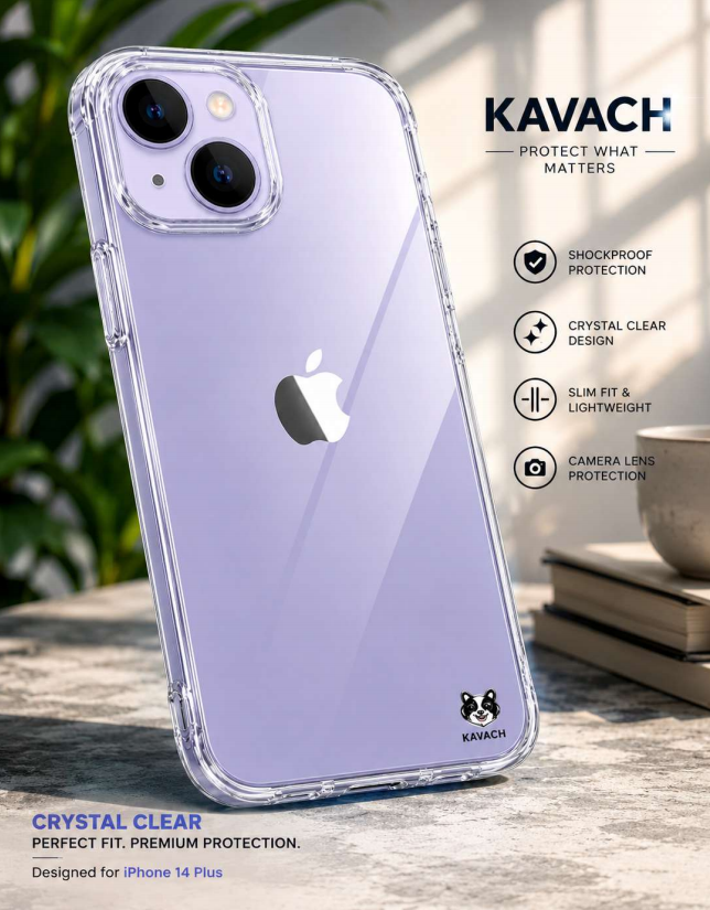 Kavach Crystal Clear Transparent TPU Back Cover for iPhone 14 Plus – Slim Fit & Shockproof Protection