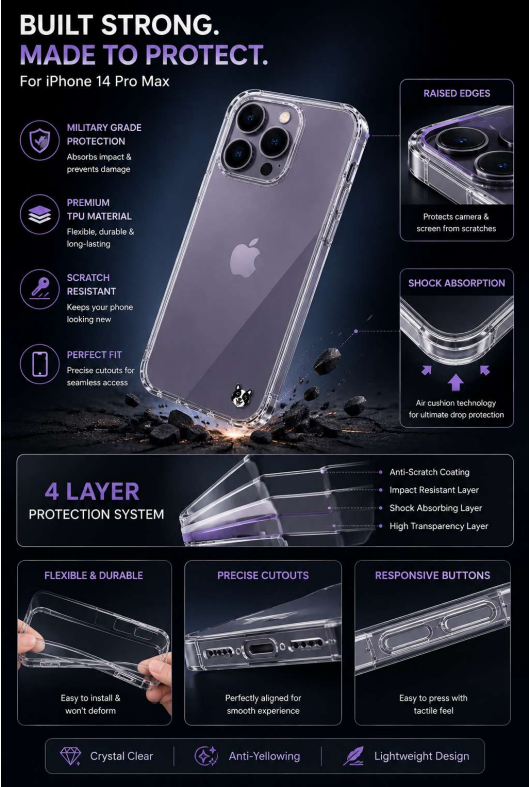 Kavach Crystal Clear Transparent TPU Back Cover for iPhone 14 Pro Max – Slim Fit & Shockproof Protection