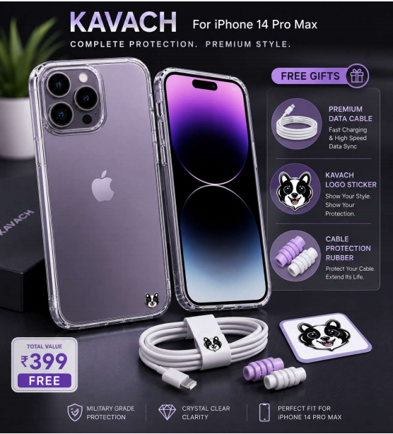 Kavach Crystal Clear Transparent TPU Back Cover for iPhone 14 Pro Max – Slim Fit & Shockproof Protection