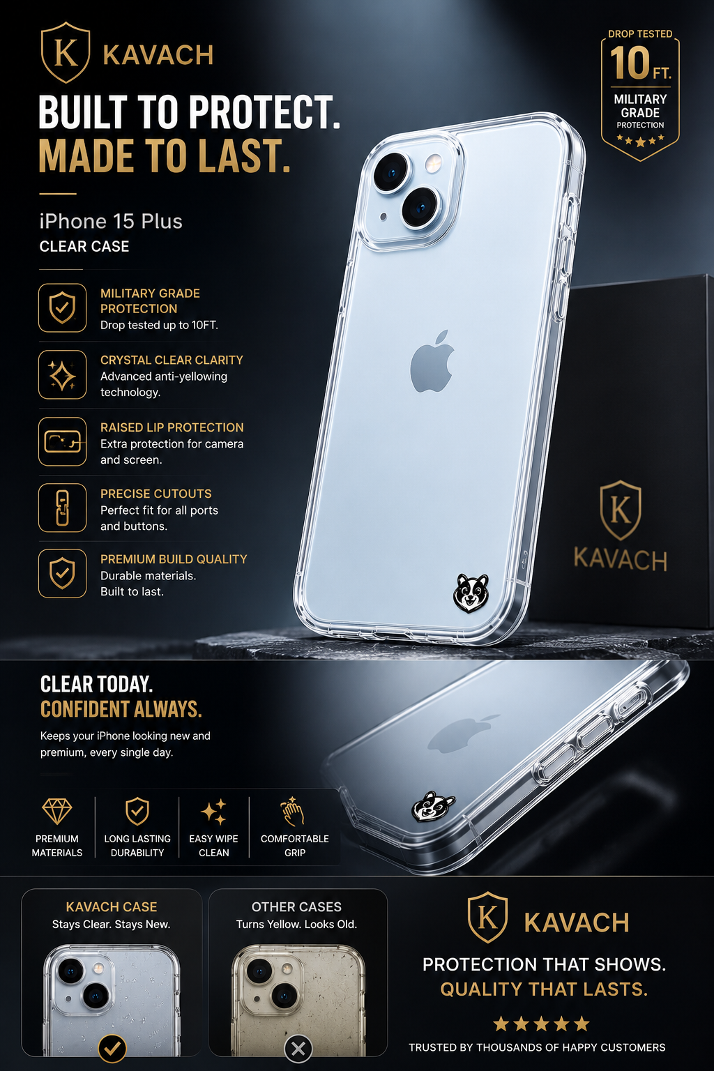 KAVACH Transparent Back Cover for iPhone 15 Plus | Premium Clear Protective Case | Slim & Lightweight | Camera Protection | Free Gifts