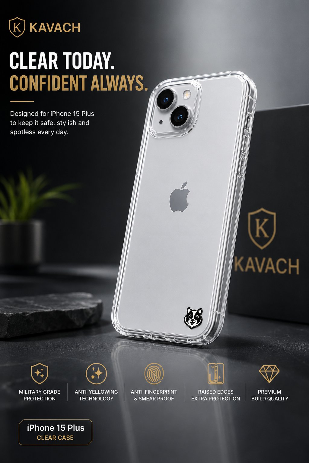 KAVACH Transparent Back Cover for iPhone 15 Plus | Premium Clear Protective Case | Slim & Lightweight | Camera Protection | Free Gifts